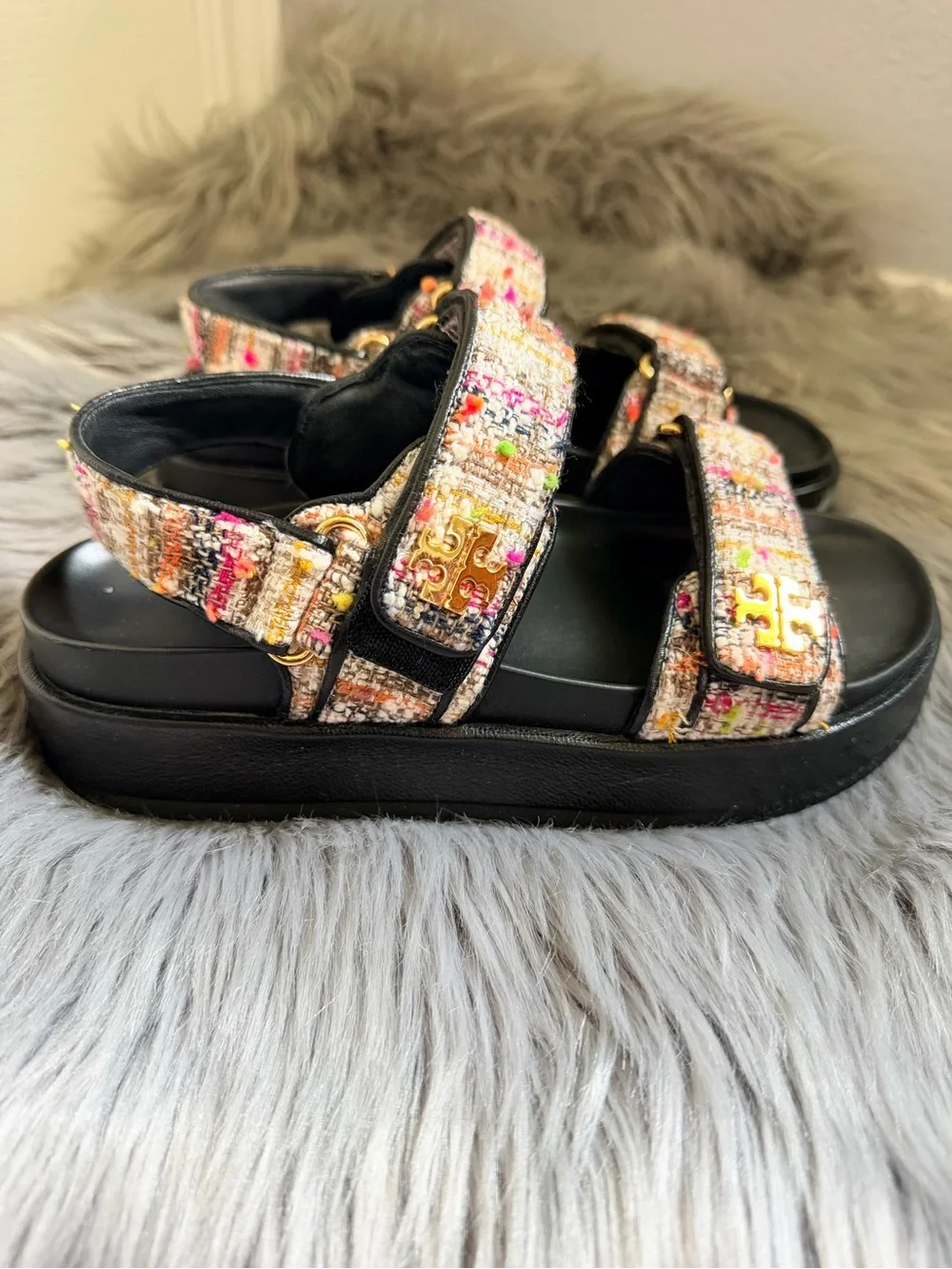 Tory Burch Kira Sport Sandal Women Size 6.5 Tweed Pink/Black
